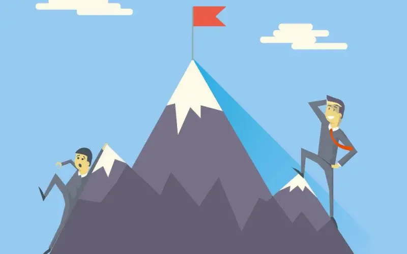 Ilustração de um homem subindo uma montanha, quase no topo, representando o crescimento de carreira