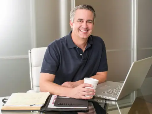 Imagem de um homem sorrindo, debruçado sob uma mesa com um notebook, pastas e um copo de café